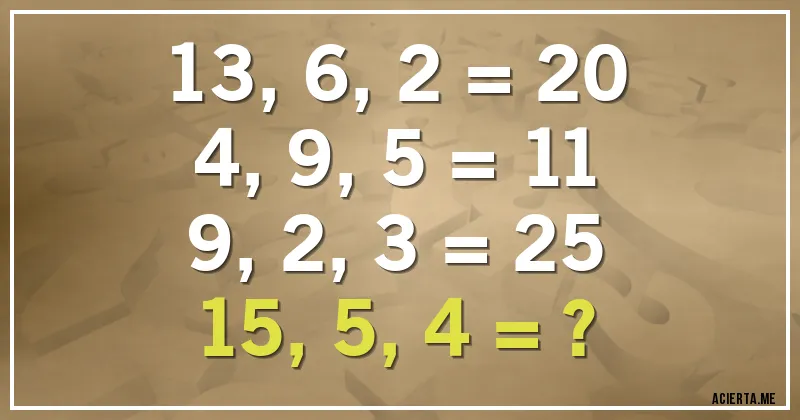 Acertijos - 13, 6, 2 = 20
4, 9, 5 = 11
9, 2, 3 = 25
15, 5, 4 = ?