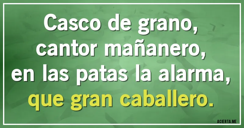 Acertijos - Casco de grano, 
cantor mañanero, 
en las patas la alarma, 
que gran caballero.