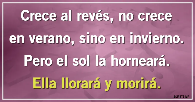 Acertijos - Crece al revés, no crece en verano, sino en invierno.
Pero el sol la horneará.
Ella llorará y morirá.