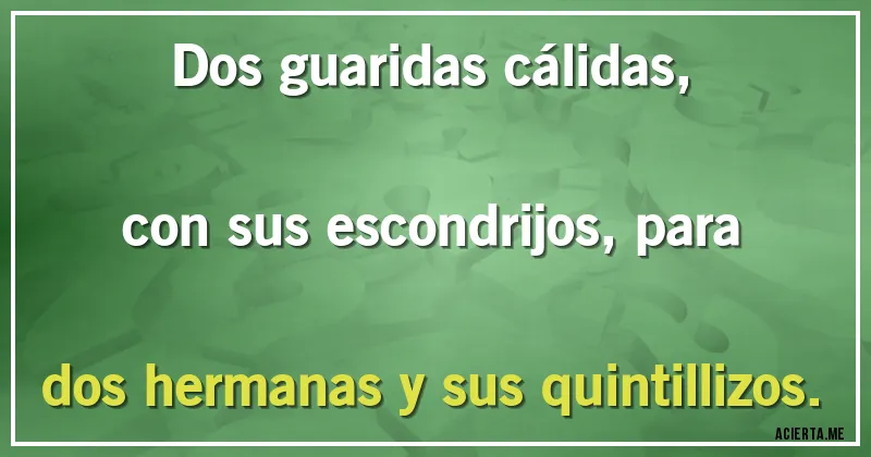 Acertijos - Dos guaridas cálidas, con sus escondrijos, para dos hermanas y sus quintillizos.