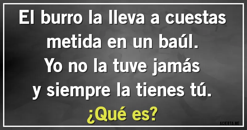 Acertijos - El burro la lleva a cuestas
metida en un baúl.
Yo no la tuve jamás
y siempre la tienes tú.
¿Qué es?