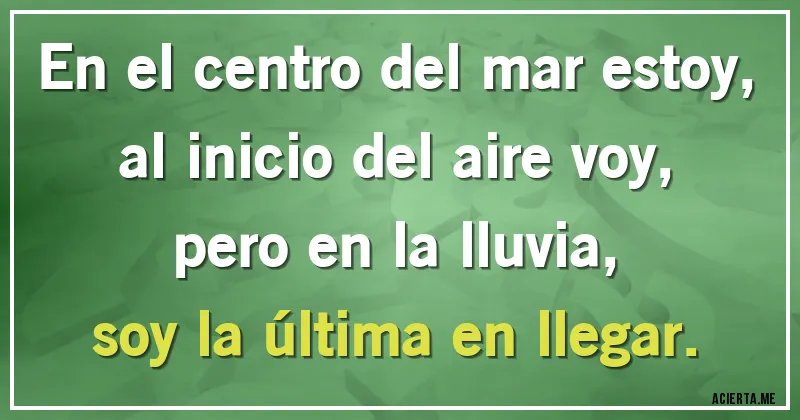 Acertijos - En el centro del mar estoy, 
al inicio del aire voy, 
pero en la lluvia, 
soy la última en llegar.