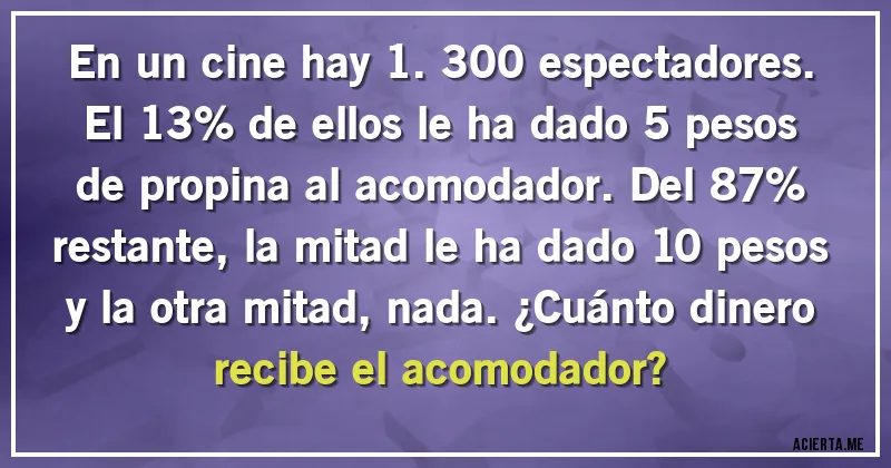 Acertijos - En un cine hay 1.300 espectadores. El 13% de ellos le ha dado 5 pesos de propina al acomodador. Del 87% restante, la mitad le ha dado 10 pesos y la otra mitad, nada. ¿Cuánto dinero recibe el acomodador?