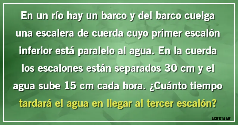 Acertijos - En un río hay un barco y del barco cuelga una escalera de cuerda cuyo primer escalón inferior está paralelo al agua. En la cuerda los escalones están separados 30 cm y el agua sube 15 cm cada hora. ¿Cuánto tiempo tardará el agua en llegar al tercer escalón?