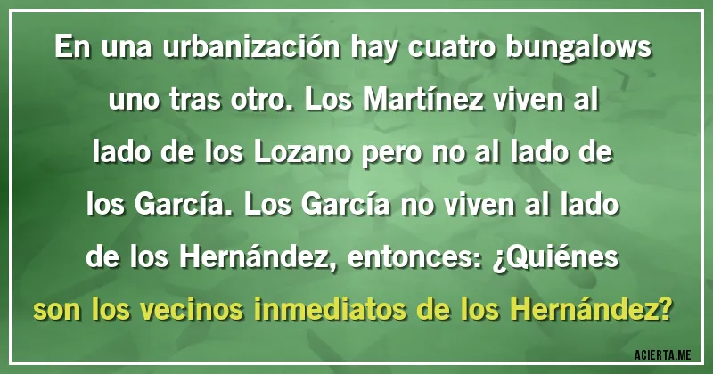 Acertijos - En una urbanización hay cuatro bungalows uno tras otro. Los Martínez viven al lado de los Lozano pero no al lado de los García. Los García no viven al lado de los Hernández, entonces: ¿Quiénes son los vecinos inmediatos de los Hernández?