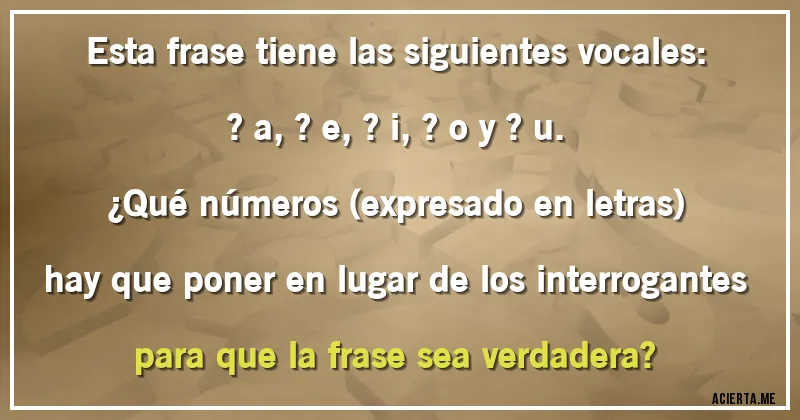Acertijos - Esta frase tiene las siguientes vocales: ? a, ? e, ? i, ? o y ? u.

¿Qué números (expresado en letras) hay que poner en lugar de los interrogantes para que la frase sea verdadera?