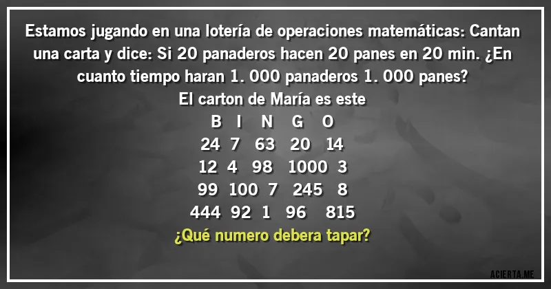Acertijos - Estamos jugando en una lotería de operaciones matemáticas: Cantan una carta y dice: Si 20 panaderos hacen 20 panes en 20 min. ¿En cuanto tiempo haran 1.000 panaderos 1.000 panes?
El carton de María es este
B      I       N       G        O
24   7      63     20      14
12   4      98     1000    3
99   100   7      245      8
444   92   1     96        815
¿Qué numero debera tapar?