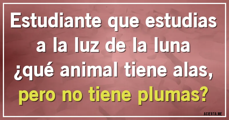 Acertijos - Estudiante que estudias
a la luz de la luna
¿qué animal tiene alas,
pero no tiene plumas?
