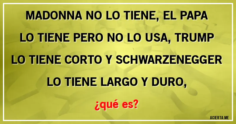 Acertijos - MADONNA NO LO TIENE, EL PAPA LO TIENE PERO NO LO USA, TRUMP LO TIENE CORTO Y SCHWARZENEGGER LO TIENE LARGO Y DURO, 
¿qué es?
