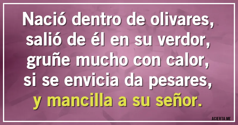 Acertijos - Nació dentro de olivares, 
salió de él en su verdor,
gruñe mucho con calor,
si se envicia da pesares,
y mancilla a su señor.