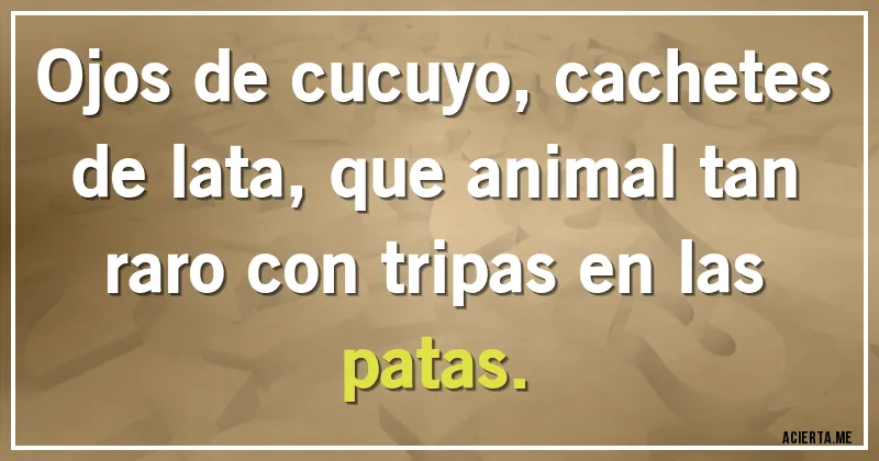 Acertijos - Ojos de cucuyo, cachetes de lata, que animal tan raro con tripas en las patas.