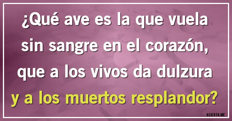 Acertijos - ¿Qué ave es la que vuela
sin sangre en el corazón,
que a los vivos da dulzura
y a los muertos resplandor?