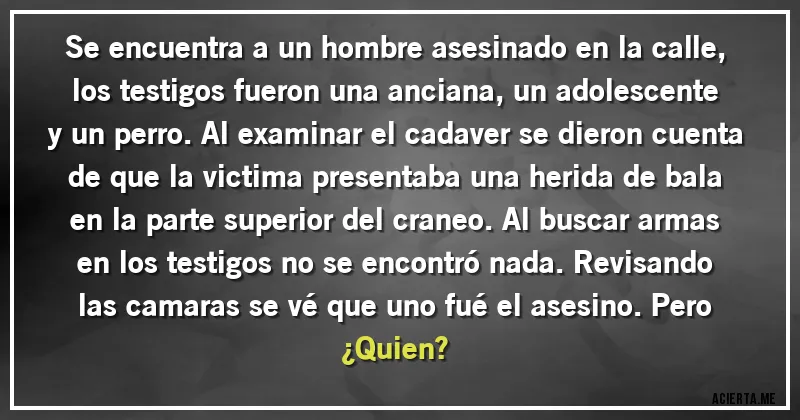 Acertijos - se encuentra a un hombre asesinado en la calle, los testigos fueron una anciana, un adolescente y un perro. Al examinar el cadaver se dieron cuenta de que la victima presentaba una herida de bala en la parte superior del craneo. Al buscar armas en los testigos no se encontró nada. Revisando las camaras se vé que uno fué el asesino. Pero ¿Quien?