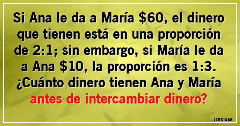 Acertijos - Si Ana le da a María $60, el dinero que tienen está en una proporción de 2:1; sin embargo, si María le da a Ana $10, la proporción es 1:3.
¿Cuánto dinero tienen Ana y María antes de intercambiar dinero? Acertijos - Si Ana le da a María $60, el dinero que tienen está en una proporción de 2:1; sin embargo, si María le da a Ana $10, la proporción es 1:3.
¿Cuánto dinero tienen Ana y María antes de intercambiar dinero?