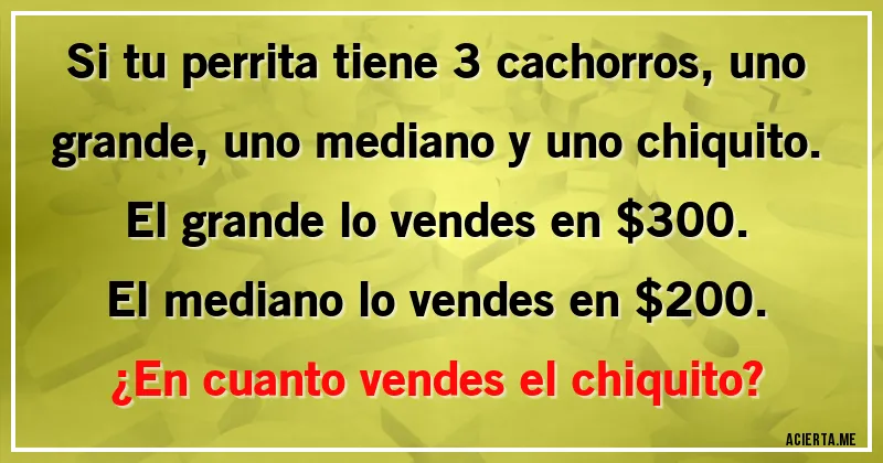 Acertijos - Si tu perrita tiene 3 cachorros, uno grande, uno mediano y uno chiquito.
El grande lo vendes en $300.
El mediano lo vendes en $200.
¿En cuanto vendes el chiquito?
