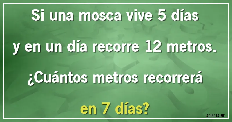 Acertijos - Si una mosca vive 5 días y en un día recorre 12 metros. 
¿Cuántos metros recorrerá en 7 días?