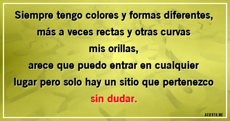 Acertijos - Siempre tengo colores y formas diferentes, 
más a veces rectas y otras curvas mis orillas,
 arece que puedo entrar en cualquier lugar pero solo hay un sitio que pertenezco sin dudar.