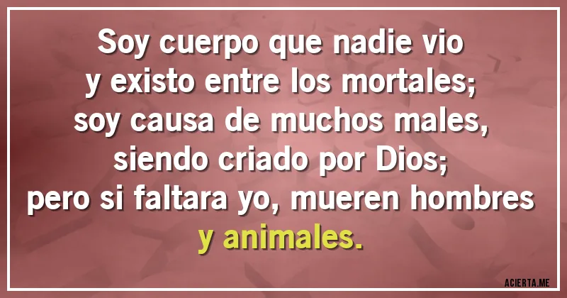 Acertijos - Soy cuerpo que nadie vio
y existo entre los mortales;
soy causa de muchos males,
siendo criado por Dios;
pero si faltara yo, mueren hombres y animales.