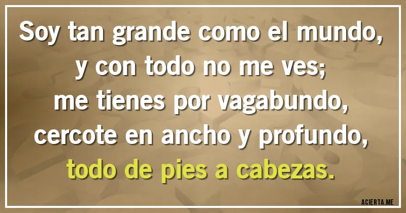 Acertijos - Soy tan grande como el mundo,
y con todo no me ves;
me tienes por vagabundo,
cercote en ancho y profundo,
todo de pies a cabezas.