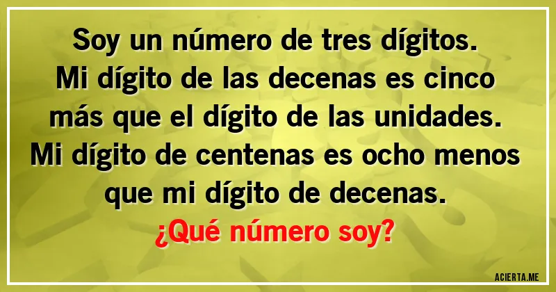 Acertijos - Soy un número de tres dígitos.
Mi dígito de las decenas es cinco más que el dígito de las unidades.
Mi dígito de centenas es ocho menos que mi dígito de decenas.
¿Qué número soy?