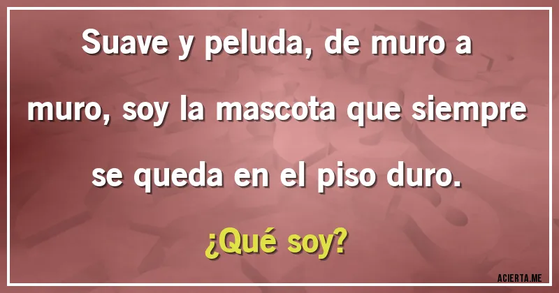 Acertijos - Suave y peluda, de muro a muro, soy la mascota que siempre se queda en el piso duro. 
¿Qué soy?