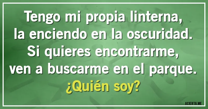 Acertijos - Tengo mi propia linterna,
la enciendo en la oscuridad.
Si quieres encontrarme,
ven a buscarme en el parque.
¿Quién soy?