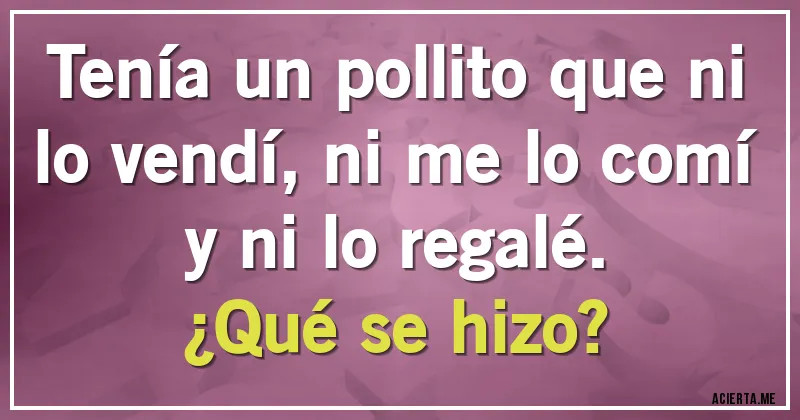 Acertijos - Tenía un pollito que ni lo vendí, ni me lo comí y ni lo regalé. 
¿Qué se hizo?