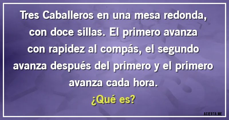 Acertijos - Tres Caballeros en una mesa redonda, con doce sillas. El primero avanza con rapidez al compás, el segundo avanza después del primero y el primero avanza cada hora.
¿Qué es?