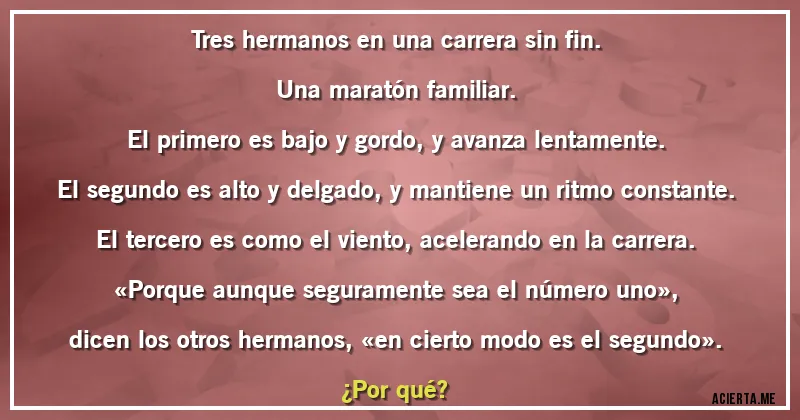 Acertijos - Tres hermanos en una carrera sin fin.
Una maratón familiar.
El primero es bajo y gordo, y avanza lentamente.
El segundo es alto y delgado, y mantiene un ritmo constante.
El tercero es como el viento, acelerando en la carrera.
«Porque aunque seguramente sea el número uno», dicen los otros hermanos, «en cierto modo es el segundo».

¿Por qué?