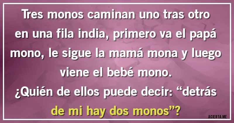 Acertijos - Tres monos caminan uno tras otro en una fila india, primero va el papá mono, le sigue la mamá mona y luego viene el bebé mono.
¿Quién de ellos puede decir: “detrás de mi hay dos monos”?