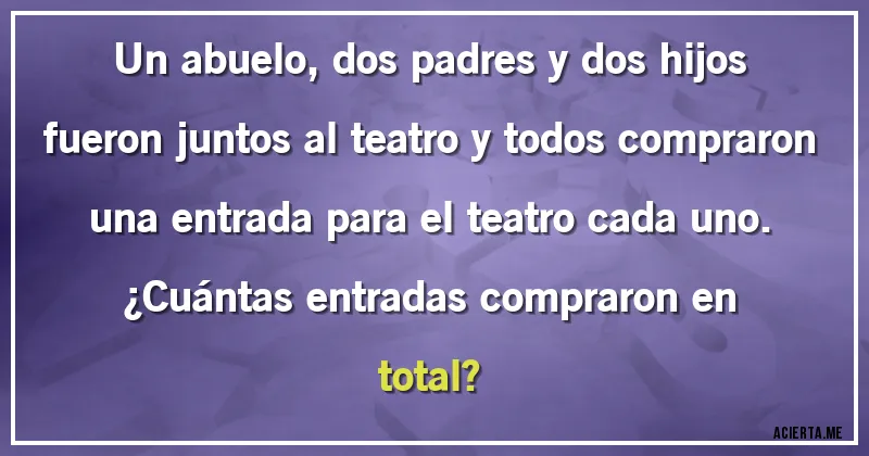 Acertijos - Un abuelo, dos padres y dos hijos fueron juntos al teatro y todos compraron una entrada para el teatro cada uno.
¿Cuántas entradas compraron en total?