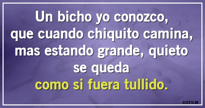 Acertijos - Un bicho yo conozco,
que cuando chiquito camina,
mas estando grande, quieto se queda
como si fuera tullido.