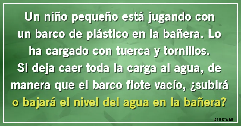 Acertijos - Un niño pequeño está jugando con un barco de plástico en la bañera. Lo ha cargado con tuerca y tornillos.
Si deja caer toda la carga al agua, de manera que el barco flote vacío, ¿subirá o bajará el nivel del agua en la bañera?