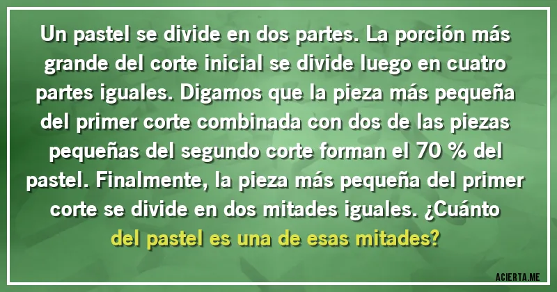 Acertijos - Un pastel se divide en dos partes. La porción más grande del corte inicial se divide luego en cuatro partes iguales. Digamos que la pieza más pequeña del primer corte combinada con dos de las piezas pequeñas del segundo corte forman el 70 % del pastel. Finalmente, la pieza más pequeña del primer corte se divide en dos mitades iguales. ¿Cuánto del pastel es una de esas mitades?