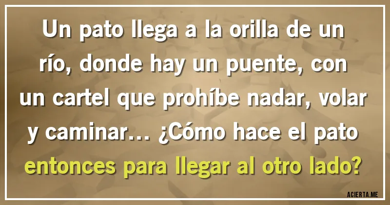 Acertijos - Un pato llega a la orilla de un río, donde hay un puente, con un cartel que prohíbe nadar, volar y caminar… ¿Cómo hace el pato entonces para llegar al otro lado?