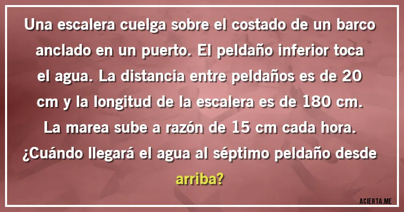 Acertijos - Una escalera cuelga sobre el costado de un barco anclado en un puerto. El peldaño inferior toca el agua. La distancia entre peldaños es de 20 cm y la longitud de la escalera es de 180 cm. La marea sube a razón de 15 cm cada hora.
¿Cuándo llegará el agua al séptimo peldaño desde arriba?