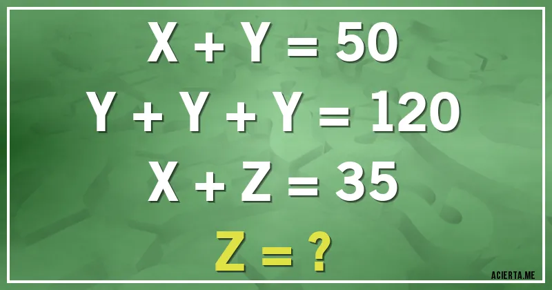 Acertijos - X + Y = 50
Y + Y + Y = 120
X + Z = 35
Z = ?