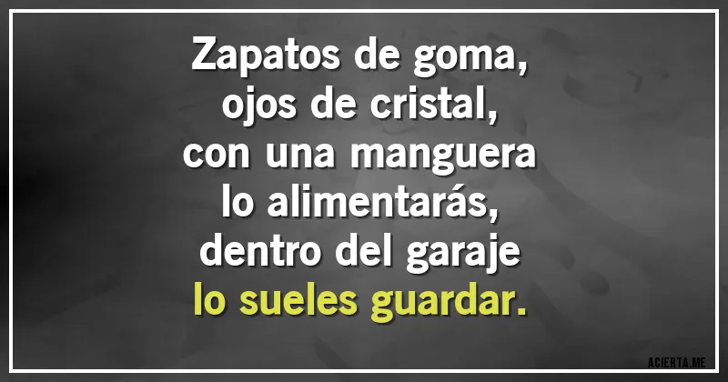 Acertijos - Zapatos de goma,
ojos de cristal,
con una manguera
lo alimentarás,
dentro del garaje
lo sueles guardar.