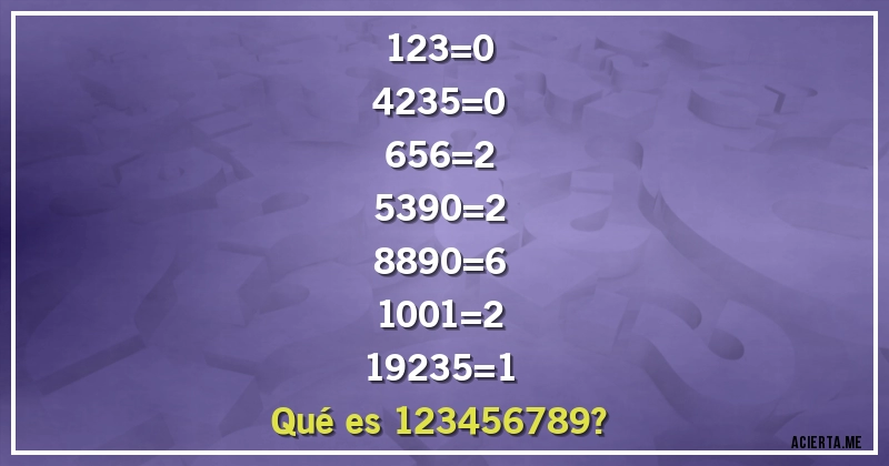 Acertijos - 123=0
4235=0
656=2
5390=2
8890=6
1001=2
19235=1
Qué es 123456789?
