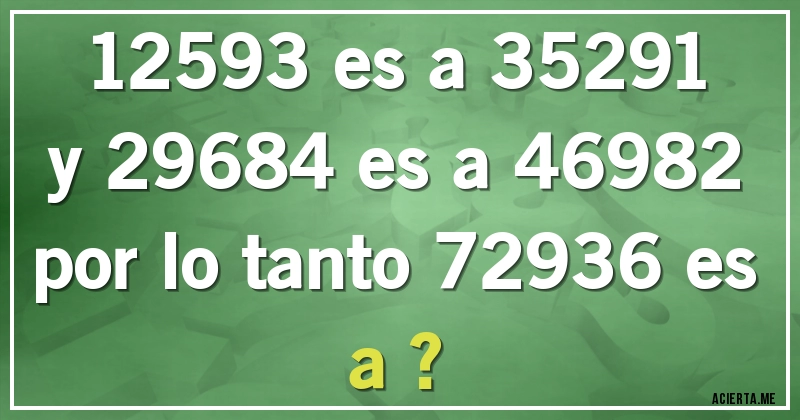 Acertijos - 12593 es a 35291 
y 29684 es a 46982 
por lo tanto 72936 es a ?
