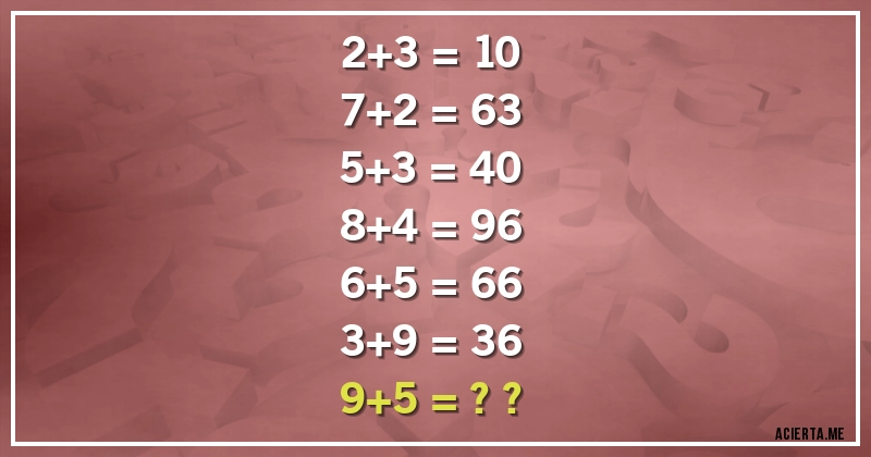 Acertijos - 2+3 = 10
7+2 = 63
5+3 = 40
8+4 = 96
6+5 = 66
3+9 = 36
9+5 = ??
