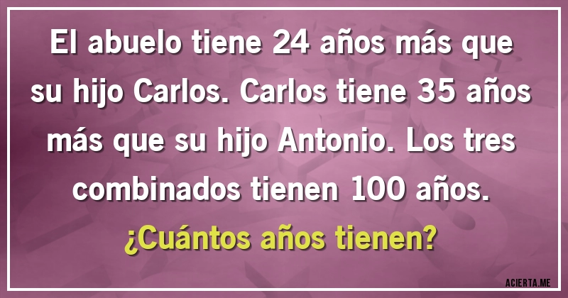 Acertijos - El abuelo tiene 24 años más que su hijo Carlos. Carlos tiene 35 años más que su hijo Antonio. Los tres combinados tienen 100 años. 
¿Cuántos años tienen?