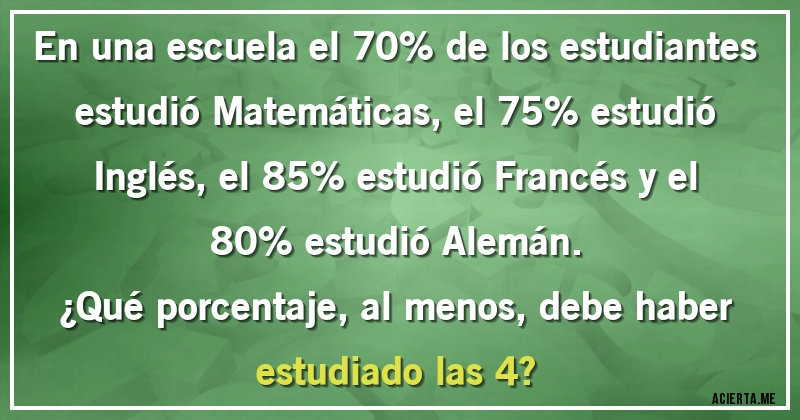 Acertijos - En una escuela el 70% de los estudiantes estudió Matemáticas, el 75% estudió Inglés, el 85% estudió Francés y el 80% estudió Alemán.
¿Qué porcentaje, al menos, debe haber estudiado las 4?