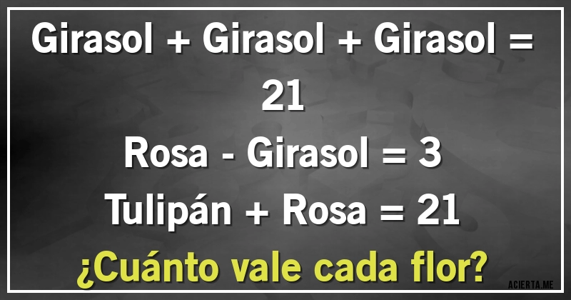 Acertijos - Girasol + Girasol + Girasol = 21
Rosa - Girasol = 3
Tulipán + Rosa = 21

¿Cuánto vale cada flor?