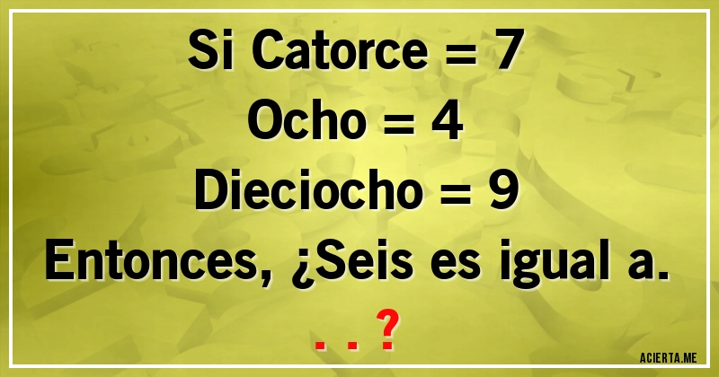 Acertijos - Si Catorce = 7
Ocho = 4
Dieciocho = 9
Entonces, ¿Seis es igual a...?