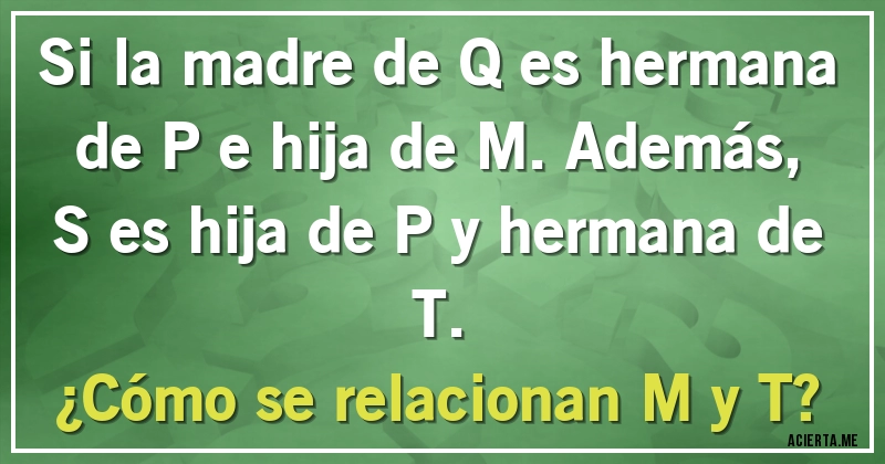 Acertijos - Si la madre de Q es hermana de P e hija de M. Además, S es hija de P y hermana de T.
¿Cómo se relacionan M y T?