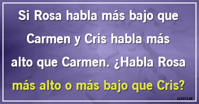 Acertijos - Si Rosa habla más bajo que Carmen y Cris habla más alto que Carmen. ¿Habla Rosa más alto o más bajo que Cris?