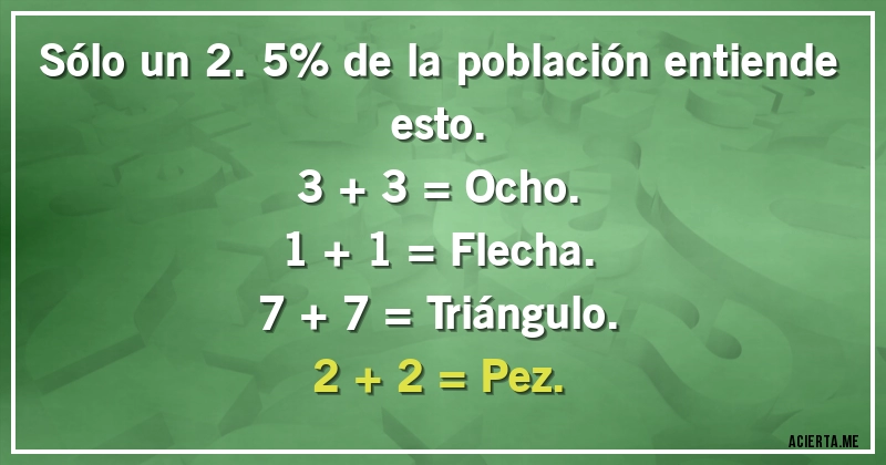 Acertijos - Sólo un 2.5% de la población entiende esto.
3 + 3 = Ocho. 
1 + 1 = Flecha. 
7 + 7 = Triángulo. 
2 + 2 = Pez.