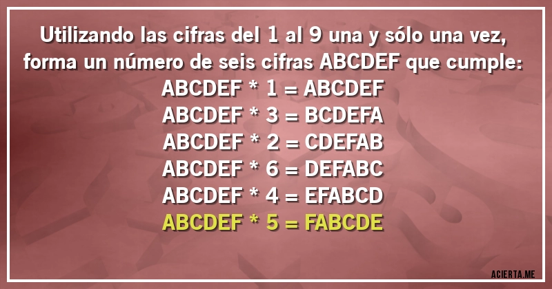 Acertijos - Utilizando las cifras del 1 al 9 una y sólo una vez, forma un número de seis cifras ABCDEF que cumple:

ABCDEF * 1 = ABCDEF
ABCDEF * 3 = BCDEFA
ABCDEF * 2 = CDEFAB
ABCDEF * 6 = DEFABC
ABCDEF * 4 = EFABCD
ABCDEF * 5 = FABCDE